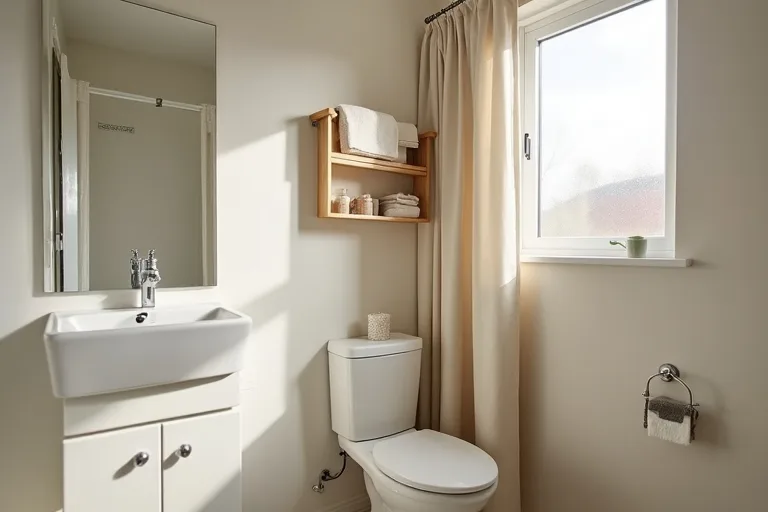 A small bathroom with a neutral fabric shower curtain, compact vanity, and over-toilet storage shelf in a calm, practical setting.