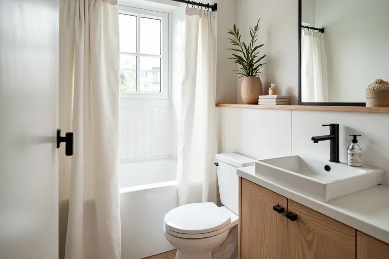 A small bright bathroom with a neutral shower curtain and over-toilet storage shelf