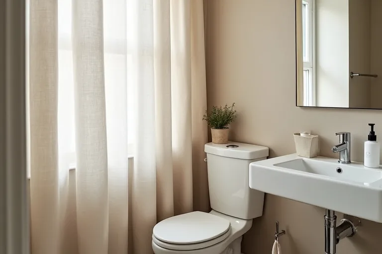 A compact bathroom layout with clear floor space, a simple mirror, and a neat vanity that leaves the room feeling more open.