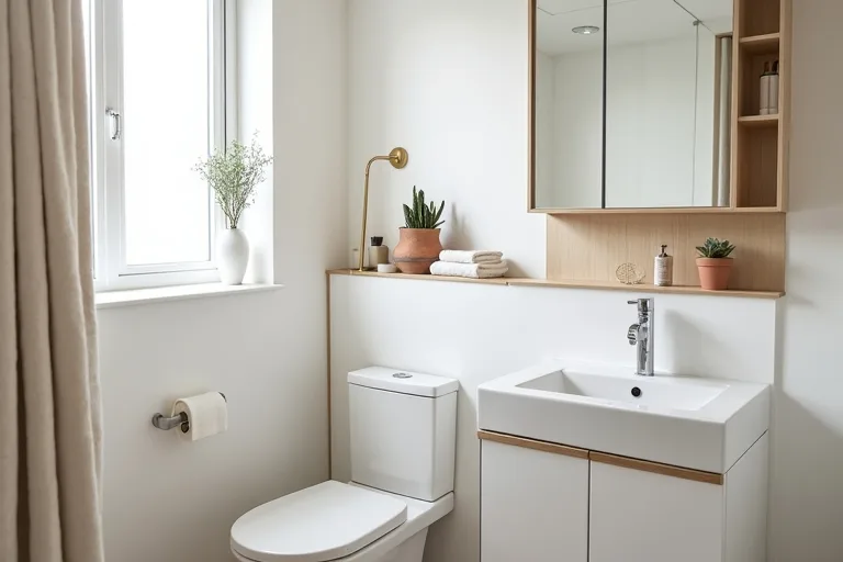 A small bathroom styled with soft neutral textures and calm everyday accessories