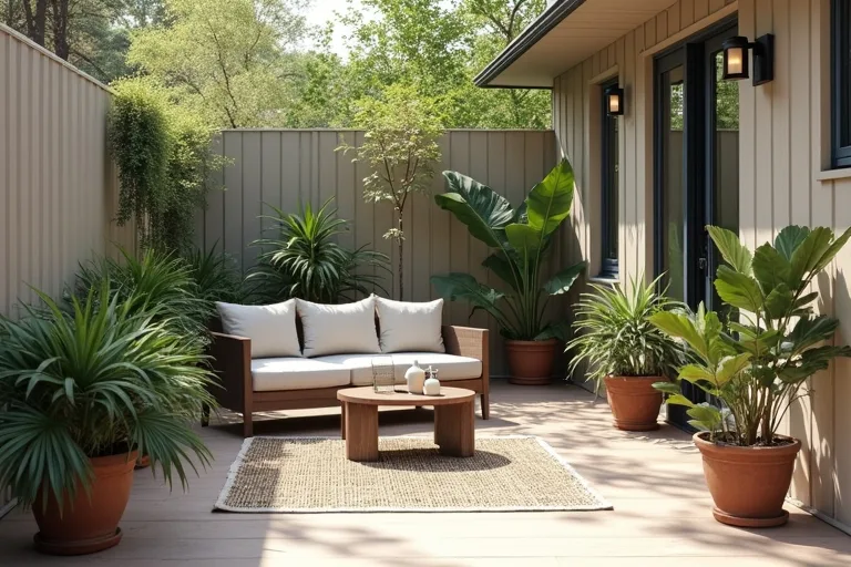 Defined small patio seating zone with compact chairs and tidy walking space