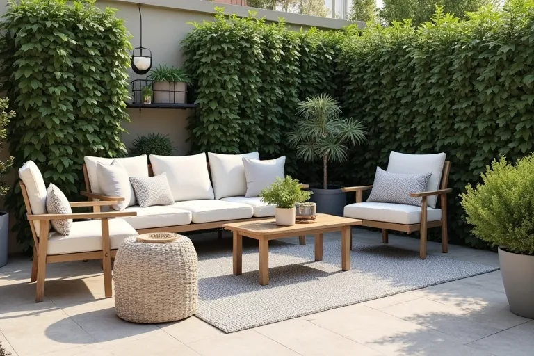 Small patio layout with a rug anchoring the seating area and open circulation around the furniture.