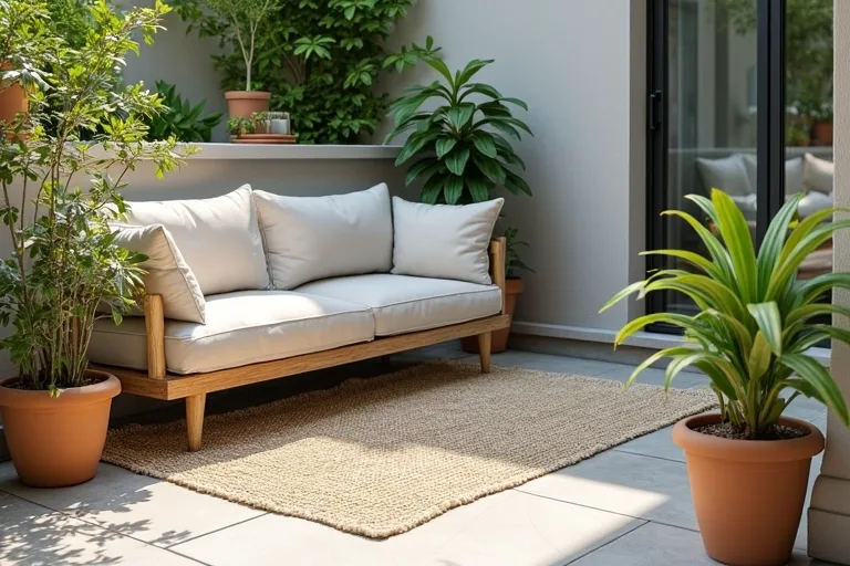 Small patio with a compact seating area, outdoor rug, and simple space-saving furniture