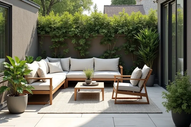 Small patio with a defined seating area, compact outdoor conversation set, and outdoor rug in a realistic home setting.