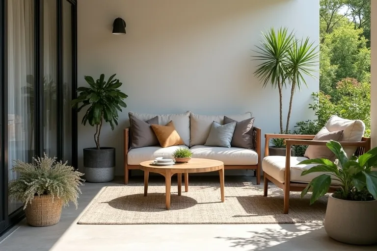 Small patio layout with clear circulation space and a compact seating arrangement