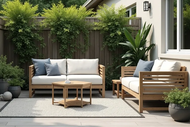 Compact small patio seating zone with a conversation set, rug, and room to walk around it.