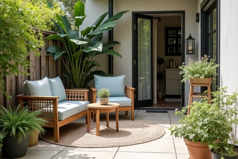 Budget-friendly small patio setup with a weatherproof rug and compact furniture