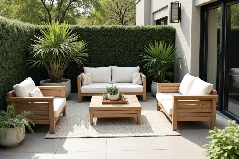 Small patio styled with compact seating, potted greenery, and open walking space around the main zone.