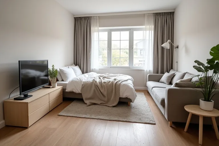 A studio apartment with furniture that is compact but still functional