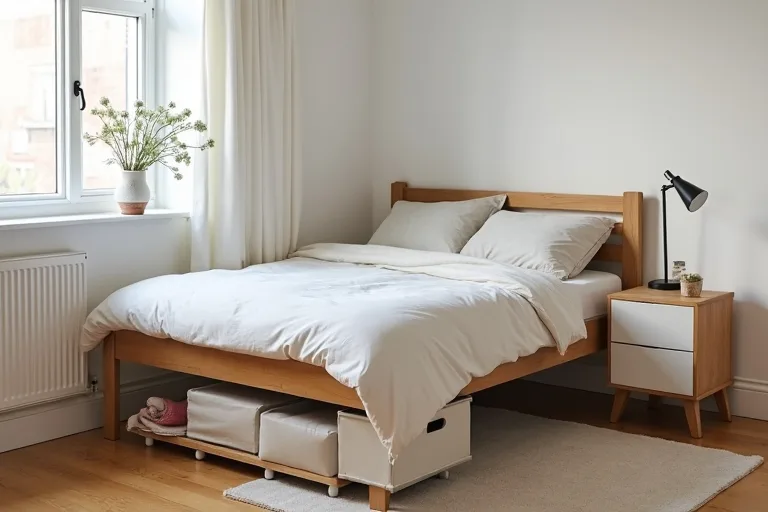 A calm small bedroom with simple styling that keeps surfaces clear and the layout easy to use.