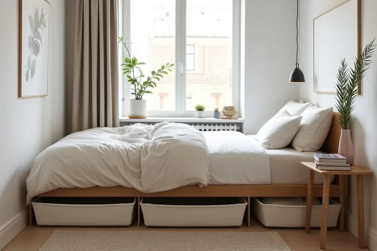 A compact bedroom layout with the bed positioned to keep the floor area open and easy to use.