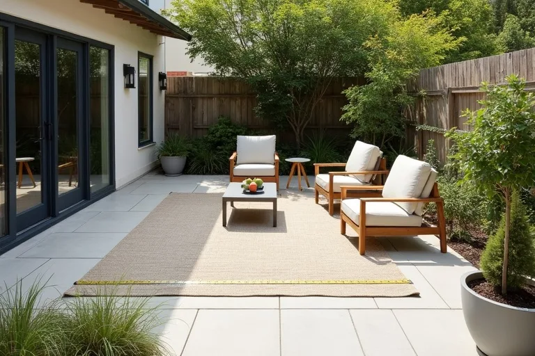 A patio anchor setup with a rug, table, and planters showing how scale can be checked before buying more pieces.