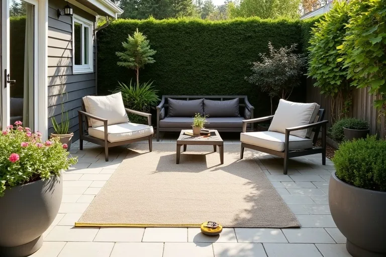 Patio traffic flow planning with chairs and a table arranged around a clear walking path.