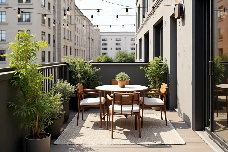 Balcony styling finished with warm string lights, simple plants, and a calm, uncluttered palette.