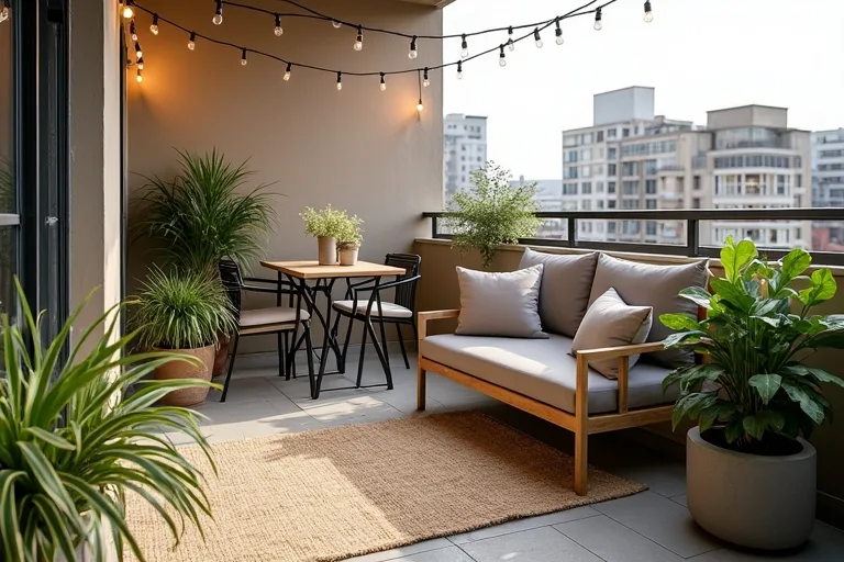 A small balcony layout that leaves clear walking space while using furniture to define the room.