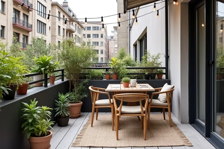 A compact balcony seating setup that defines the space without crowding the floor.