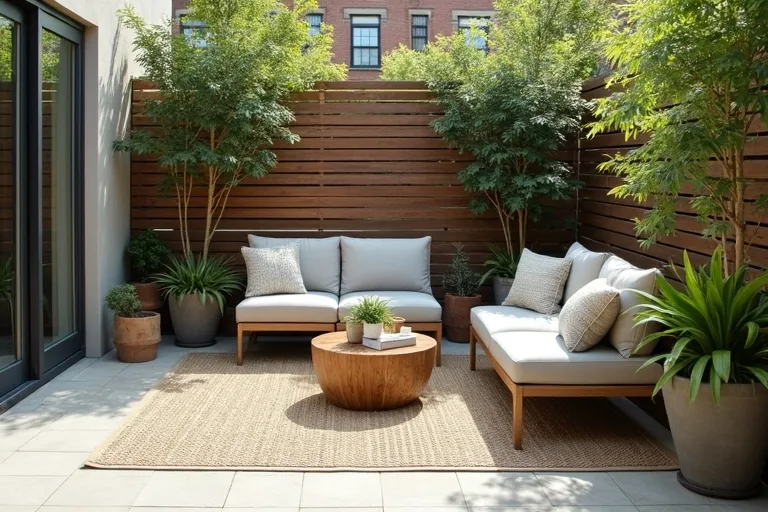 A small urban patio with one defined conversation area arranged to keep the rest of the floor open.