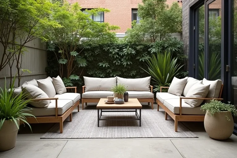 A small patio with open edges, light styling, and greenery placed to support the seating layout.
