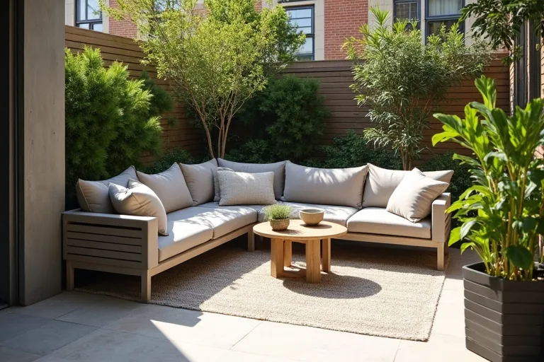 Small patio layout with measured clearances around doors and fixed features before furniture is added.