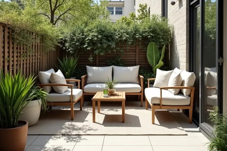 A finished small patio layout with compact seating, a rug, and restrained storage chosen to fit the budget and space.