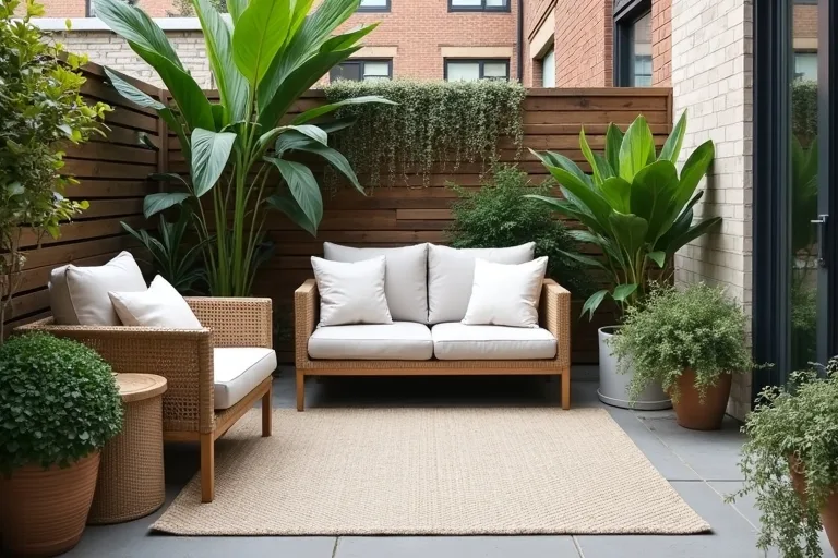 A compact patio seating zone with open space around it
