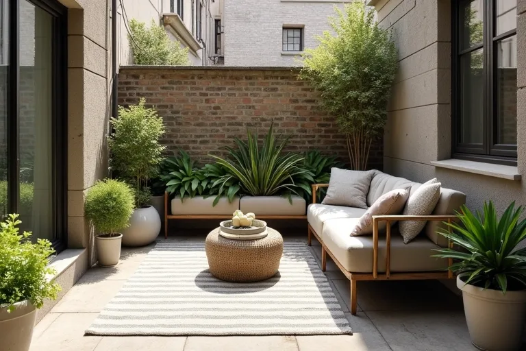 A patio rug sized to anchor a small outdoor seating area
