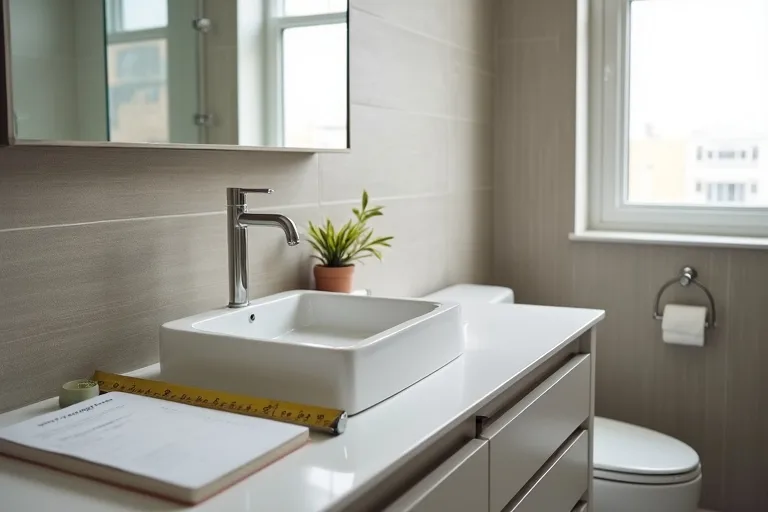 A bathroom vanity planning scene with coordinated materials and a brushed nickel faucet chosen for a modest remodel.