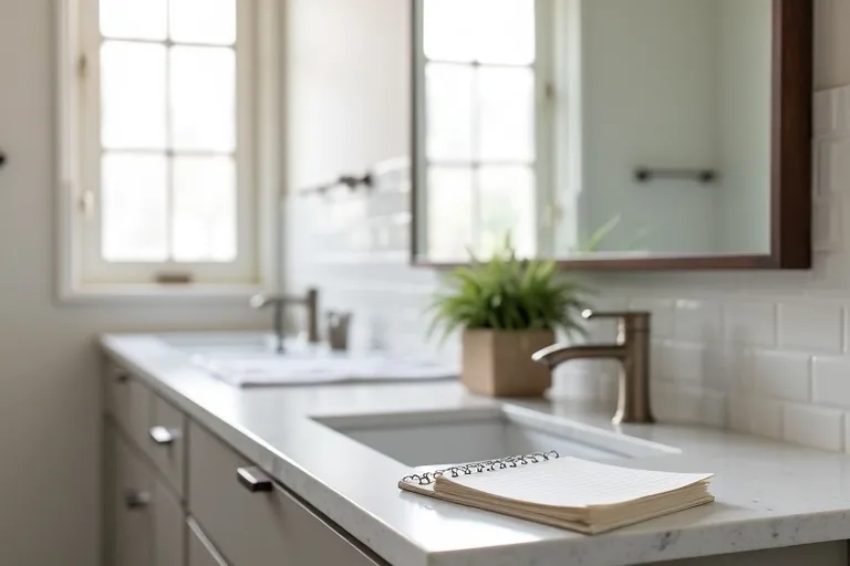 A small bathroom with tile samples and planning notes beside a vanity during remodel preparation.