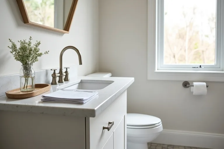 A practical bathroom remodel planning scene with a budget sheet, tile samples, and a brushed nickel faucet on a vanity.
