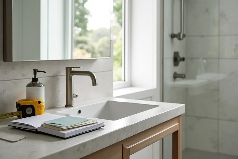 Budget planning items on a bathroom counter with swatches, a tape measure, and a simple renovation notebook.