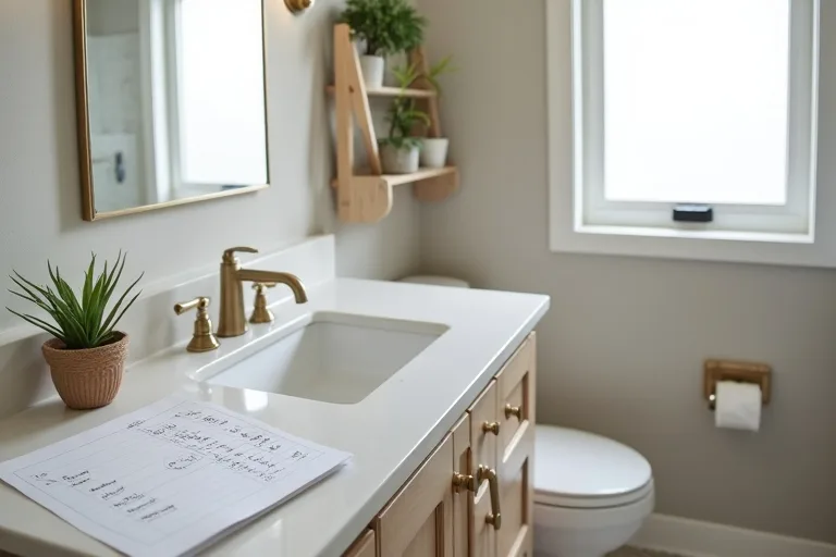 A calm bathroom planning scene with a vanity, budget notes, and a simple fixture choice.