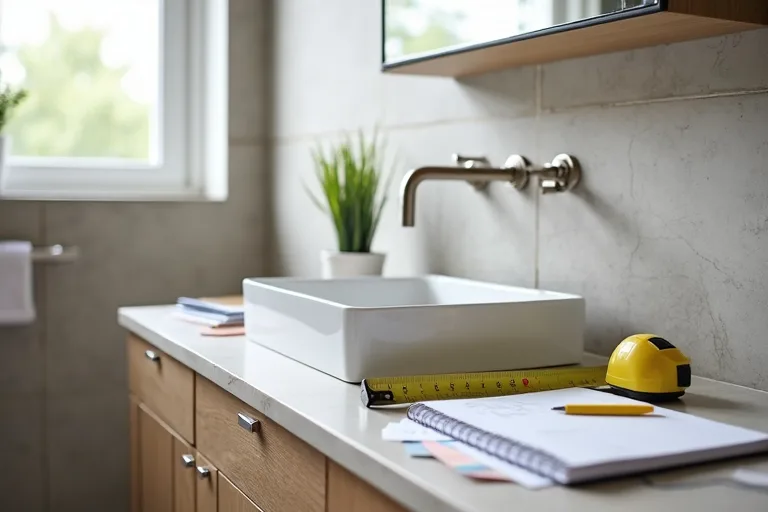 Bathroom planning details with a simple vanity, neutral finishes, and a notebook ready for cost planning.