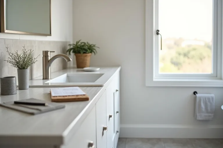 Bathroom renovation planning details with tile samples and a faucet choice on a vanity.