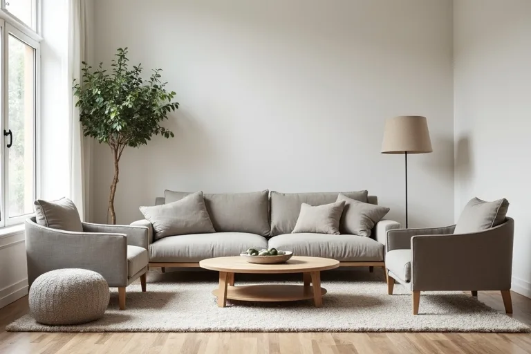 A balanced living room layout with a neutral area rug sized to support the seating group