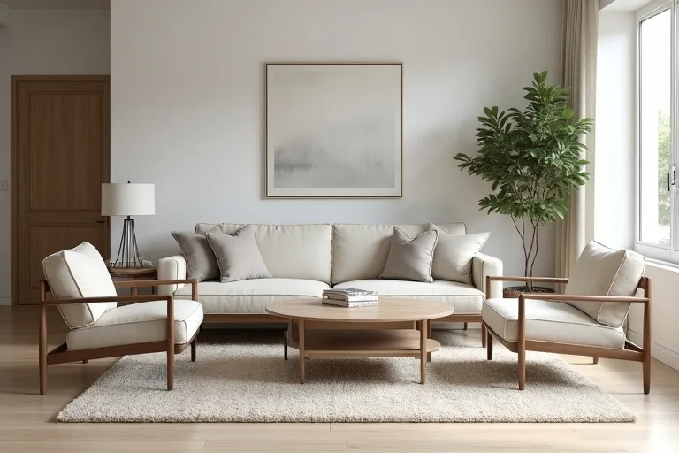 A neutral living room with a properly sized area rug anchoring the sofa and chairs