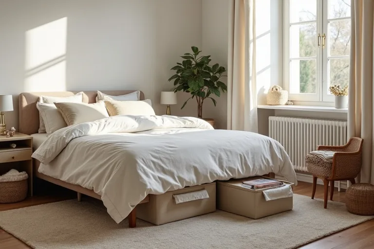 Under-bed storage containers and bedside storage arranged to keep the bedroom visually calmer