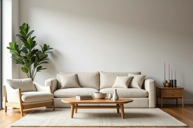 Calm organic modern styling with simple candle holders and natural textures on a side table