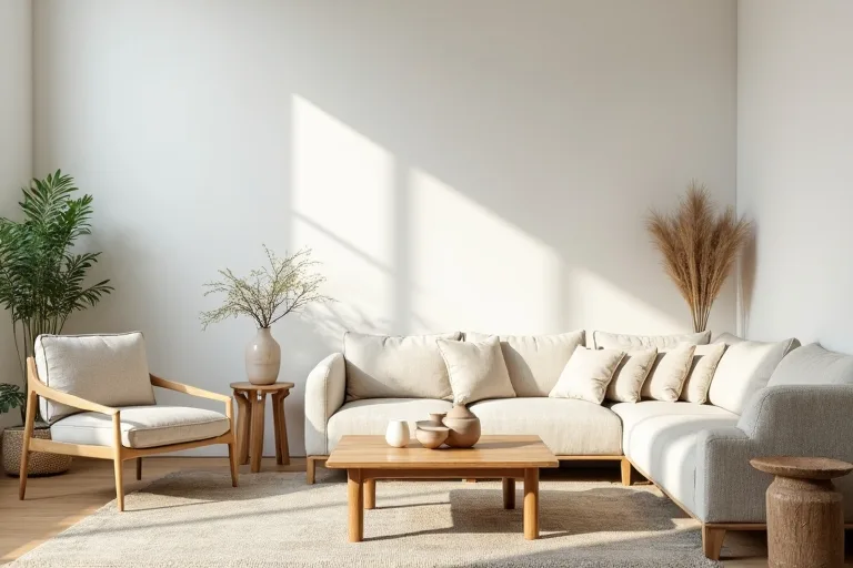 Living room styled with a boucle accent chair, neutral sofa, and natural wood surfaces
