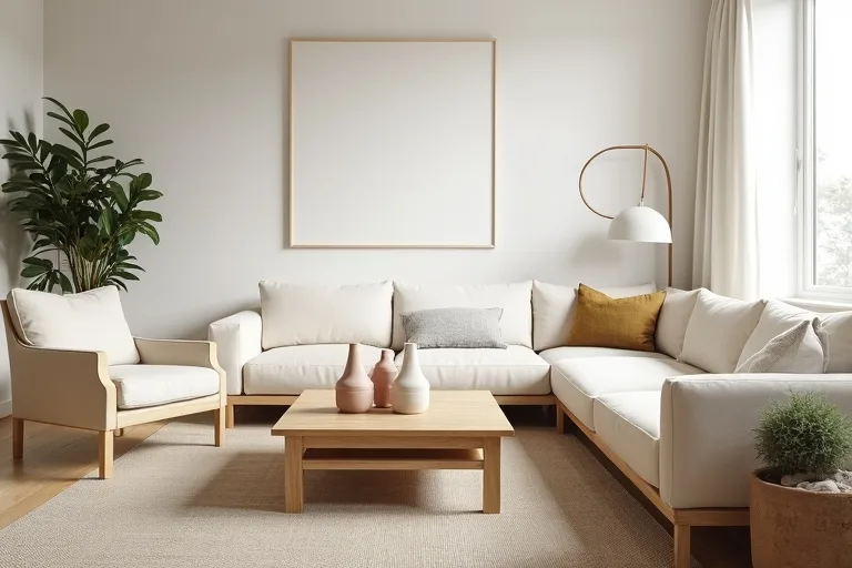 Calm organic modern living room with light wood, boucle chair, neutral textiles, and simple candle holders