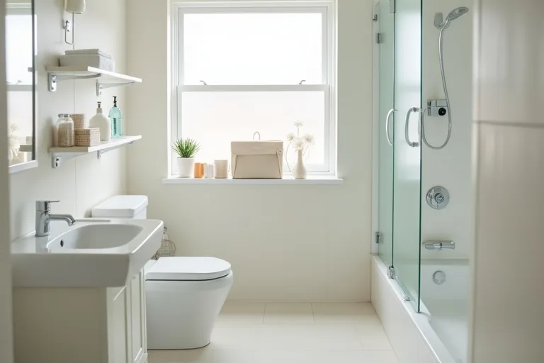 Bathroom storage grouped by practical use with bins and shelf space in a modest family bathroom