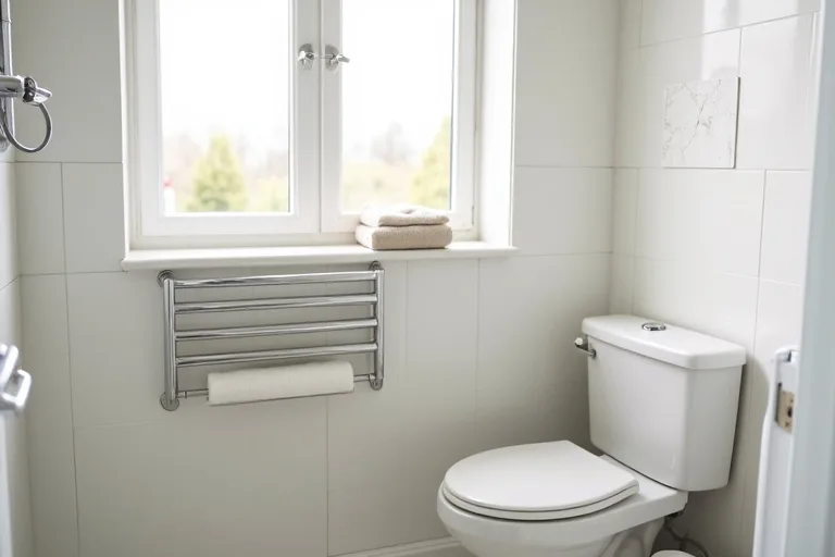 A practical bathroom with an over-toilet storage shelf, shower caddy, and storage bins in a calm lived-in setting