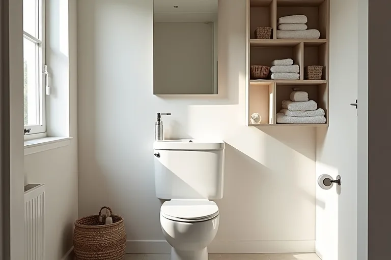 A bright practical bathroom with open shelving, folded towels, and over-toilet storage in a calm everyday interior.