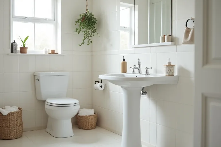 Bathroom storage near the shower and toilet showing moisture-aware placement of a caddy and shelf