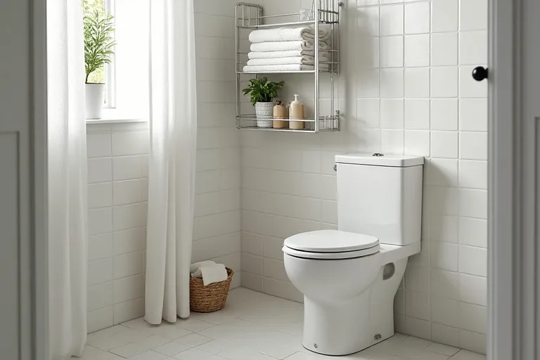 A small bathroom with an over-the-toilet storage shelf and simple organized storage, shown in a calm realistic interior.