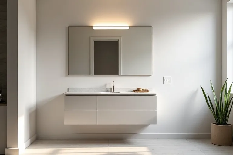 A practical bathroom vanity area showing how a lighting update can change the look of the room.