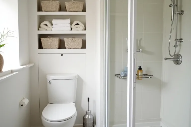 A neatly planned bathroom storage layout with clear surfaces and simple wall storage