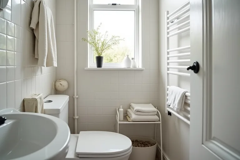 A calm bathroom interior showing storage integrated neatly into the room layout.