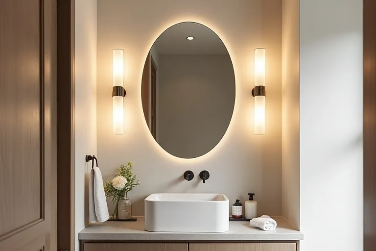 A small modern bathroom showing layered lighting with a ceiling fixture and wall sconces.