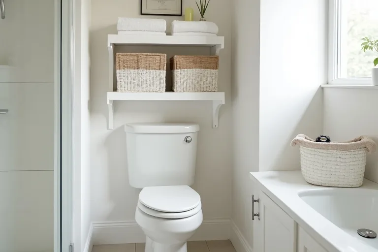 A calm small bathroom with an over-toilet storage shelf and minimal clutter