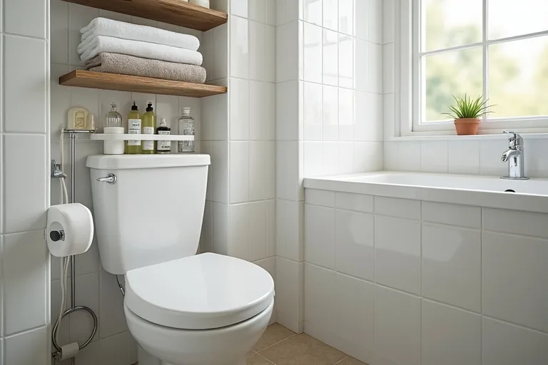 A tidy small bathroom with practical storage choices that keep the room open and easy to use.